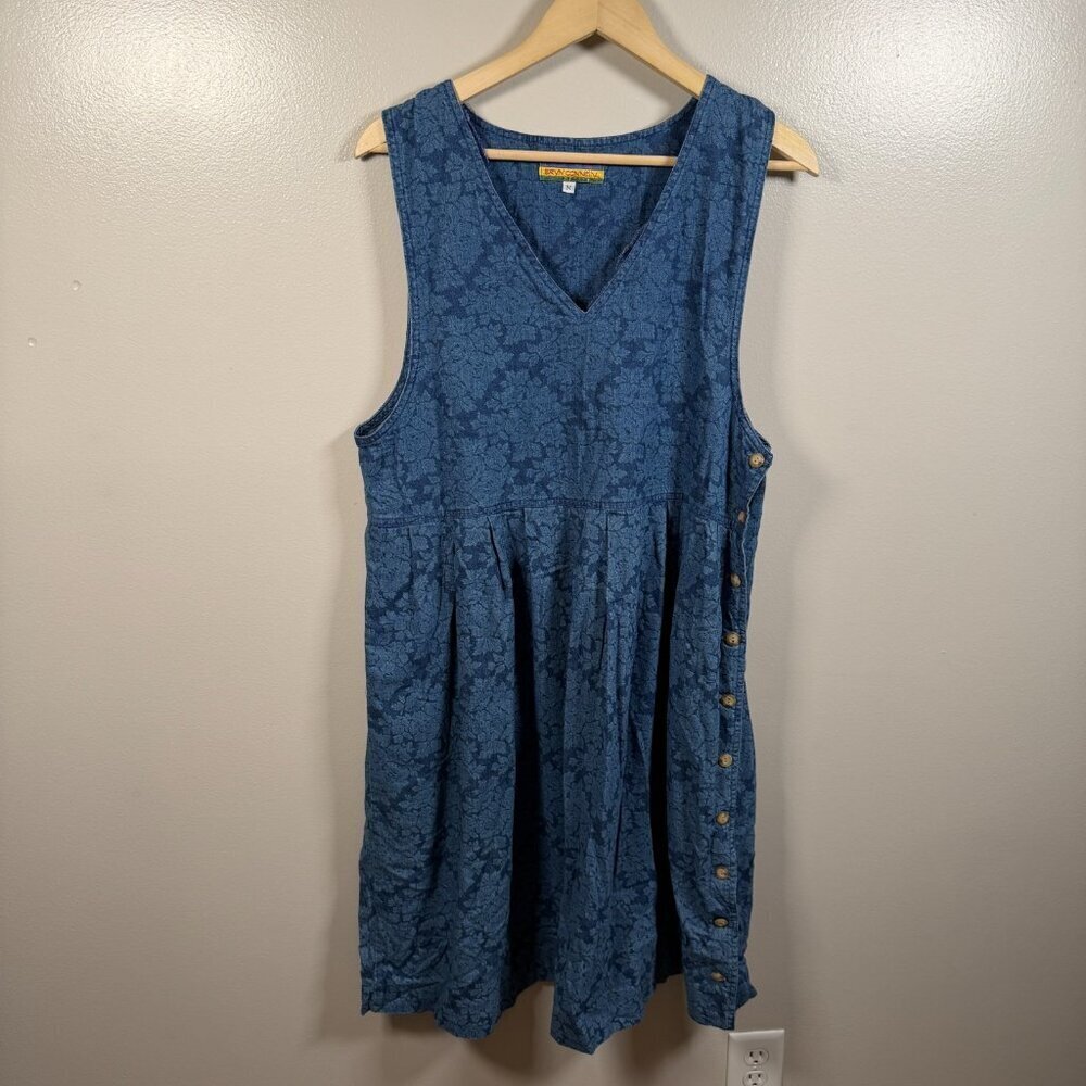 VTG Brynn Connelly Denim Jumper Dress Size Medium Floral Hemmed Granny Grandma